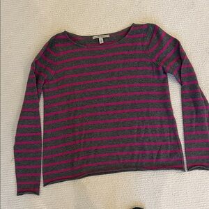 Autumn Cashmere Charcoal and Magenta Striped curl bottom cashmere sweater